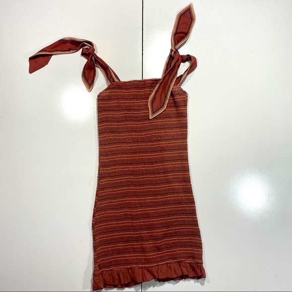 Storia Embroidered Striped Chai Smocked Ruffle Bottom Tie Sleeves Mini Dress S - Picture 5 of 16